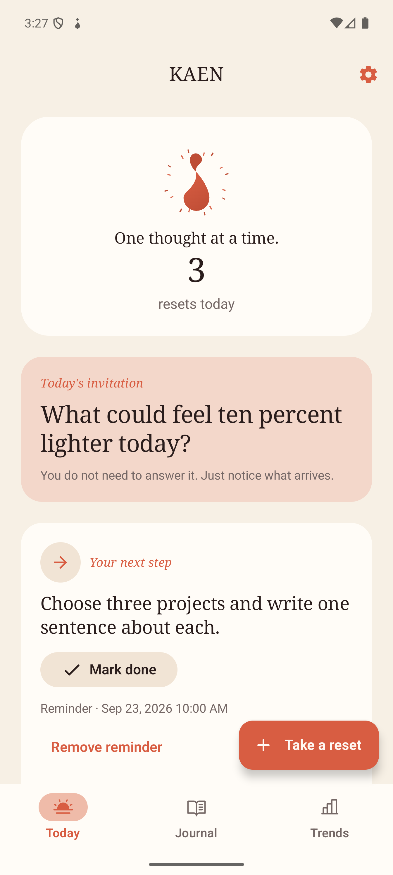 Kaen Today screen on Android with a next step and the Today, Journal, and Trends tabs